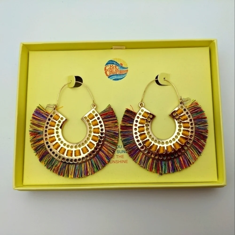 Gold Rainbow Fringe Hoop Earrings Boho - Picture 2 of 5